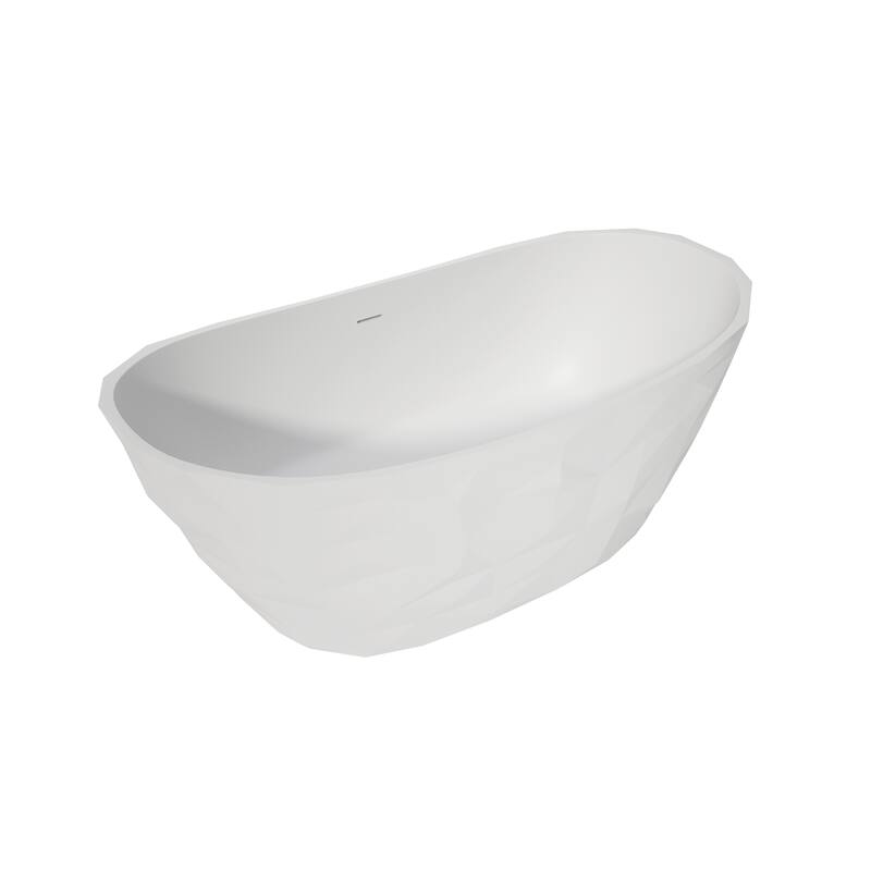 64 in. Freestanding Solid Surface Soaking Bathtub in Matte White, Elegant Oval Design with Center Drain