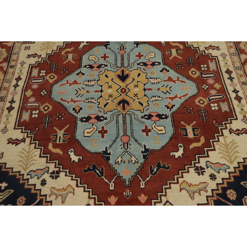 Hand Knotted Oriental 100% Wool Carpet Traditional Medallion Oranges & Rust Heriz (serapi) Area Rug - 8' 11'' X 6' 1''