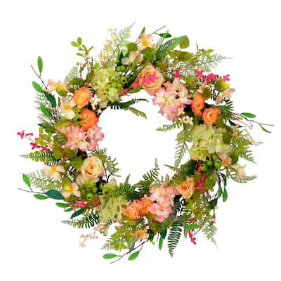 Puleo International 30" Artificial Rose Floral Spring Bouquet Door Wreath, Multicolor
