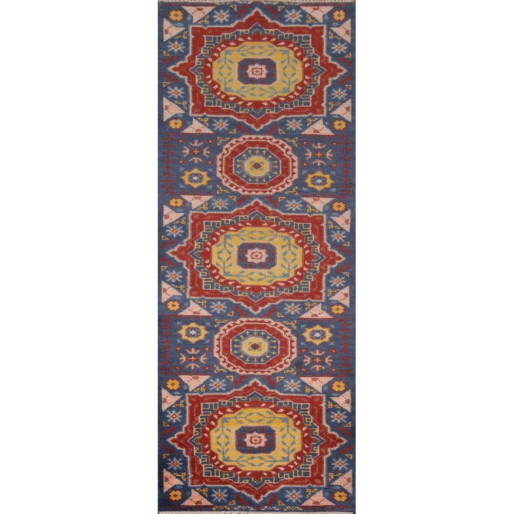 Blue Geometric Kazak Oriental Runner Rug Hand-Knotted Wool Carpet - 2'7"x 8'0"
