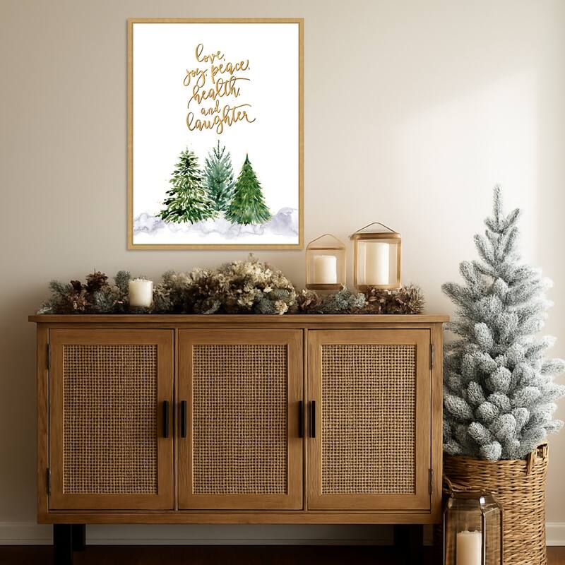 Christmas trees with holiday wishes by Rosana Laiz Blursbyai (23 x 30 in.), Framed Canvas Wall Art Print - Sylvie Bright Gold