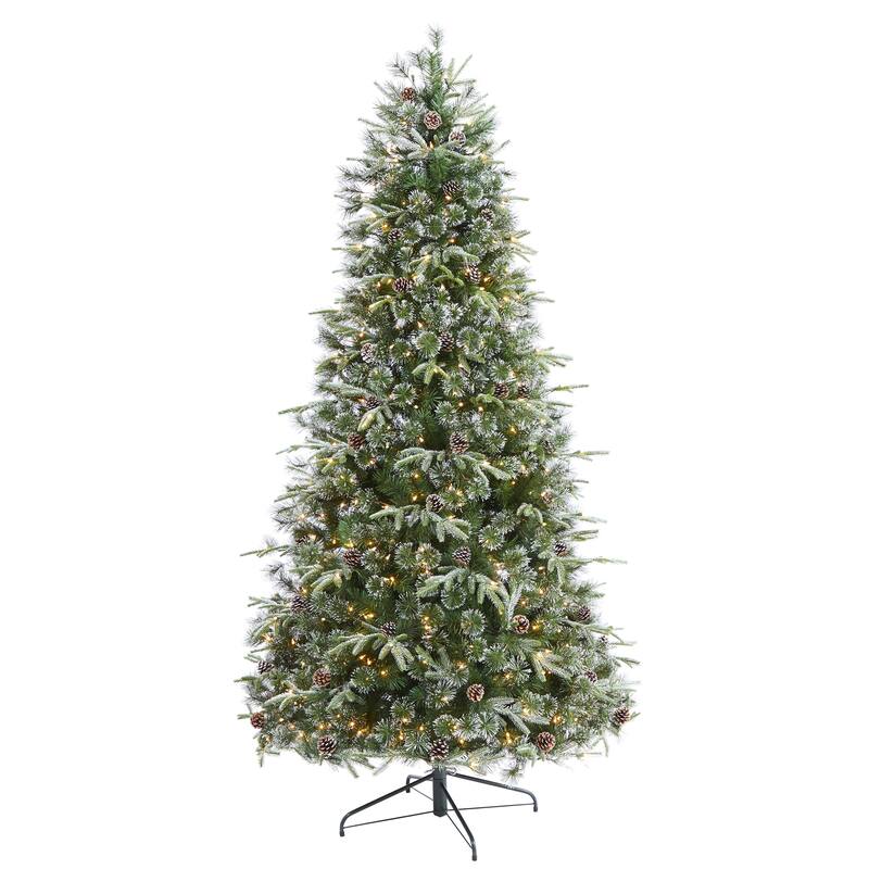 7.5' Snowed Tipped Clermont Pine Christmas Tree with 600 Clear LED - Green