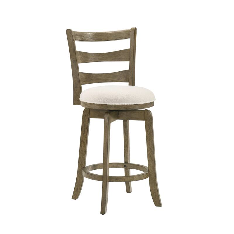 Melindra White Boucle Swivel Bar Stool, Upholstered Counter Stool with Solid Wood Legs
