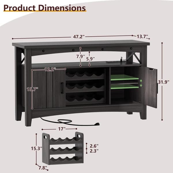 dimension image slide 2 of 5, Farmhouse 47" Wine Bar Cabinet with Power Outlets & LED Lights, Industrial Coffee Bar Liquor Cabinet with Shelves & Wine Rack