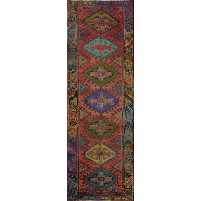 Hand Knotted Oriental 100% Wool Carpet Traditional Geometric Oranges & Rust Tabriz Runner Rug - 9' 10'' X 3' 1''