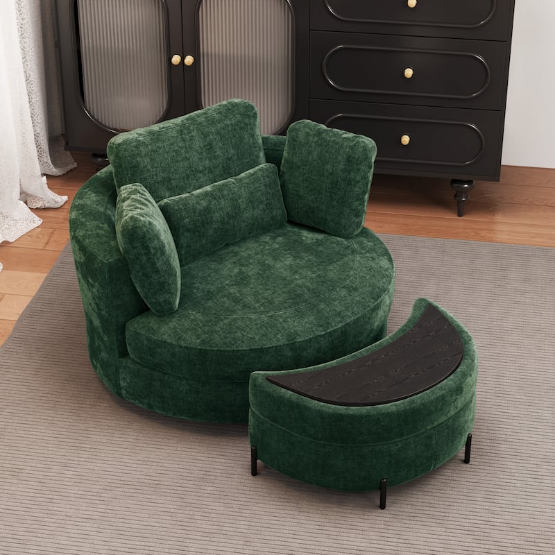 Modern Chenille 360° Swivel Accent Barrel Chair and Storage Ottoman