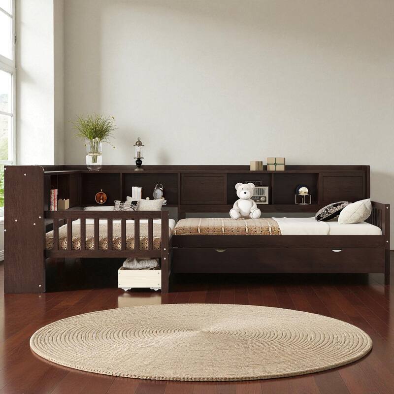 L-Shaped Twin Platform Bed with Trundle, Solid Wood Corner Bed Frame with Drawers and Shelves, No Box Spring Needed