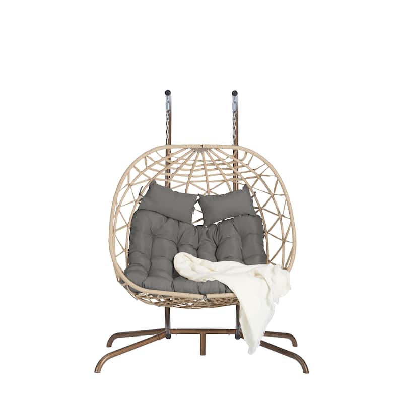 Double Rattan Egg Chair with Stand and UV-Resistant Cushions and Iron Frame - Outdoor Hanging Swing (600lb Capacity)