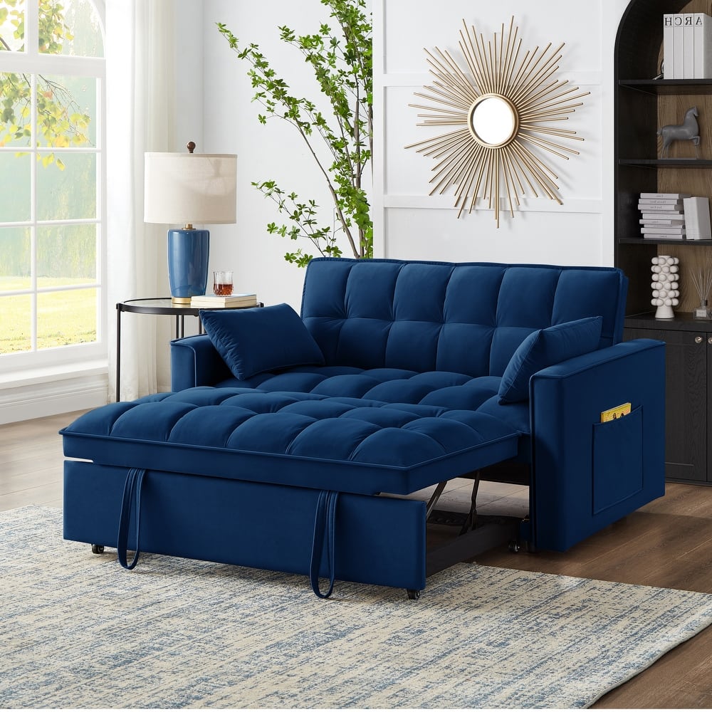 Navy Velvet 4-in-1 Pull-Out Loveseat Sofa Bed