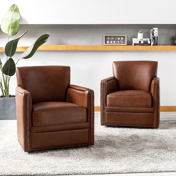 Pascual Classic Genuine Leather Swivel Chair With Nailhead Trim