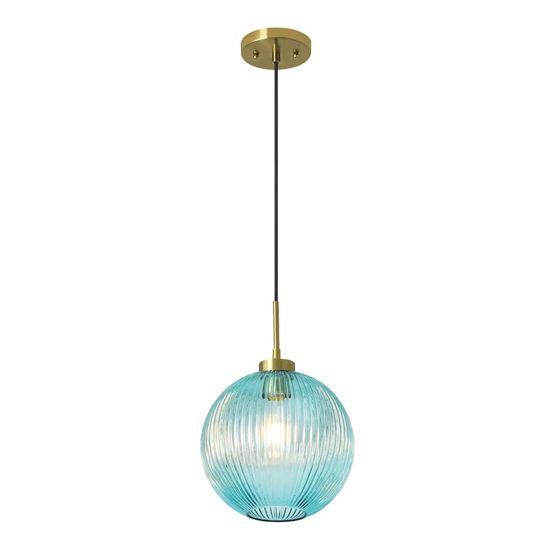 1-Light 9.8" W Mid-century Modern Metal Hanging Pendant Light with Blue Ribbed Glass Globe Shade for Kitchen Island, Dining Room