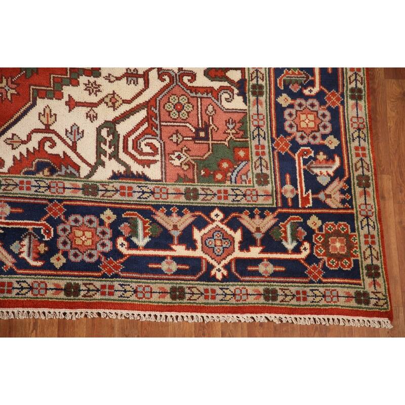 Orange Geometric Heriz Serapi Area Rug Handmade Oriental Wool Carpet - 9'0"x 11'8"