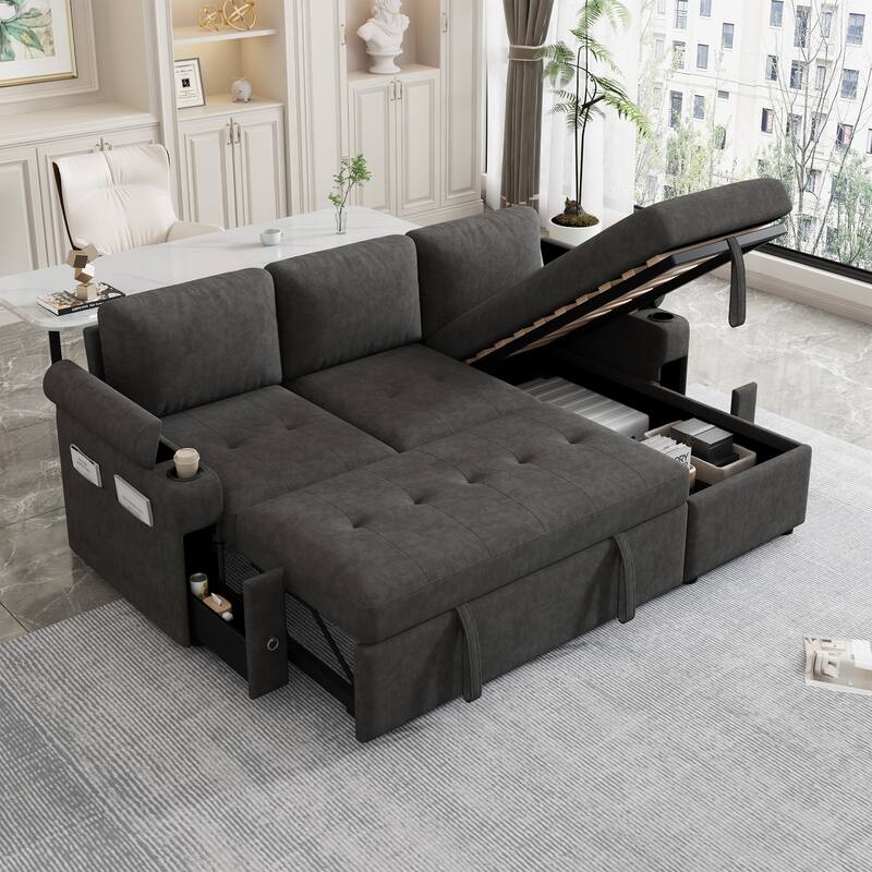83.5" L-shaped Sofa Couch Convertible Sofa Bed Sectional Sofa with Ample Storage Space, Two Cup Holders and Two USB Ports - Black