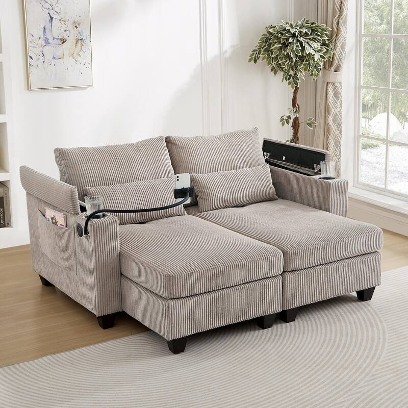 Convertible Chaise Lounge Loveseat Sofa Bed with USB Ports, Storage, and Lumbar Pillows, Brown Corduroy - Multi-Color