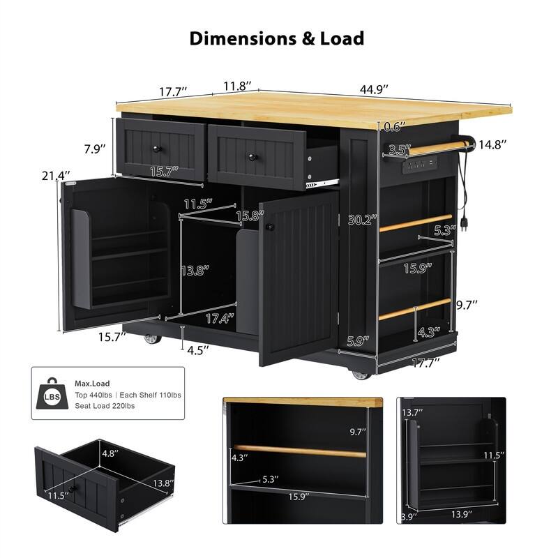 3-Piece/1-Piece Kitchen Island Set with/without 2 Barstools, Rolling Kitchen Storage Cart w/ 2 Drawers, Drop Leaf & 5 Side Racks