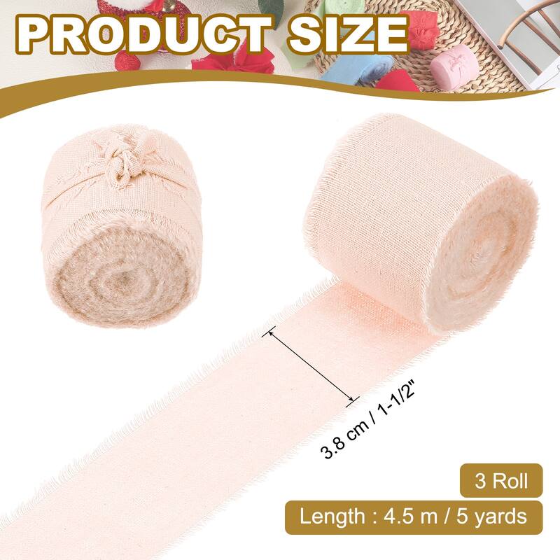 1-1/2"x15 Yd Handmade Fringe Cotton Ribbon Frayed Ribbons 3 Roll - 5Yd - Apricot