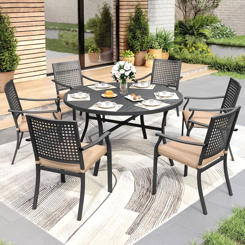 MAISON ARTS 7-Piece Patio Dining Set , Large Round Dining Table with Umbrella Hole & Metal Swivel Dining Chairs - Fixed Chair