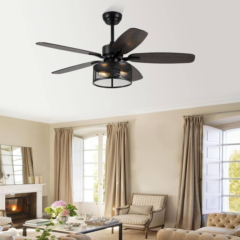 56 Inch Ceiling Fan with Caged Light and Plywood Blades for Farmhouse Living Room Bedroom