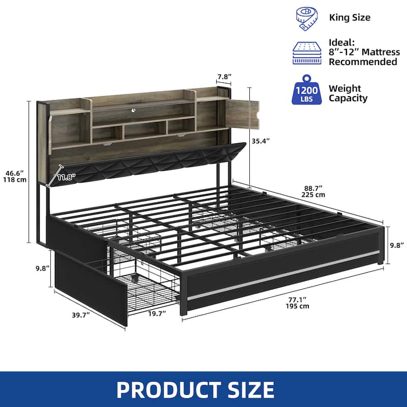 Moasis Queen / King Size Upholstered Bed Frame with Storage Bookcase Headboard & RGB LED Lights - King - Black