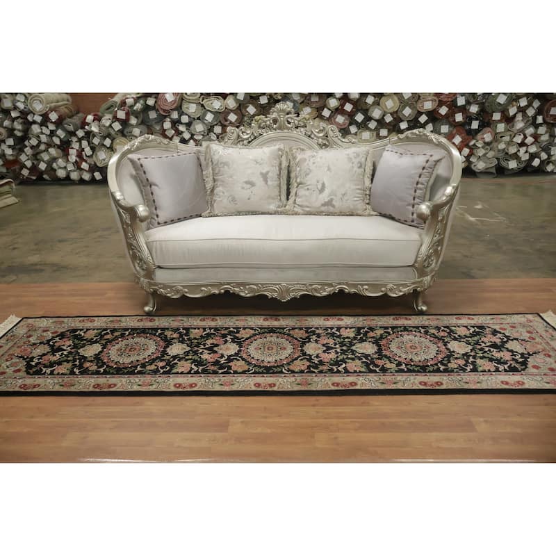 Hand Knotted Oriental 100% Wool Carpet Traditional Floral Black Aubusson Runner Rug - 10' 0'' X 2' 6''