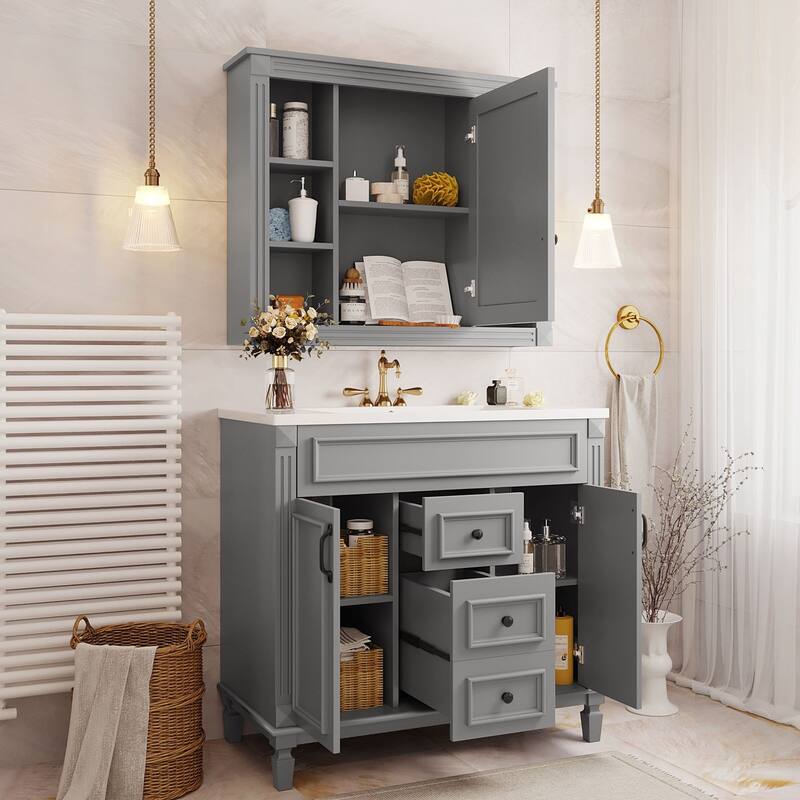36'' Bathroom Vanity with Top Sink, Freestanding Vanity Set with Mirror Cabinet