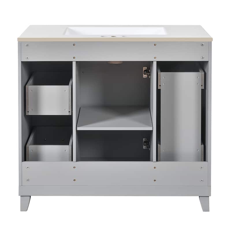 36 Inch Freestanding Bathroom Vanity with White Ceramic Basin and Door and Drawers