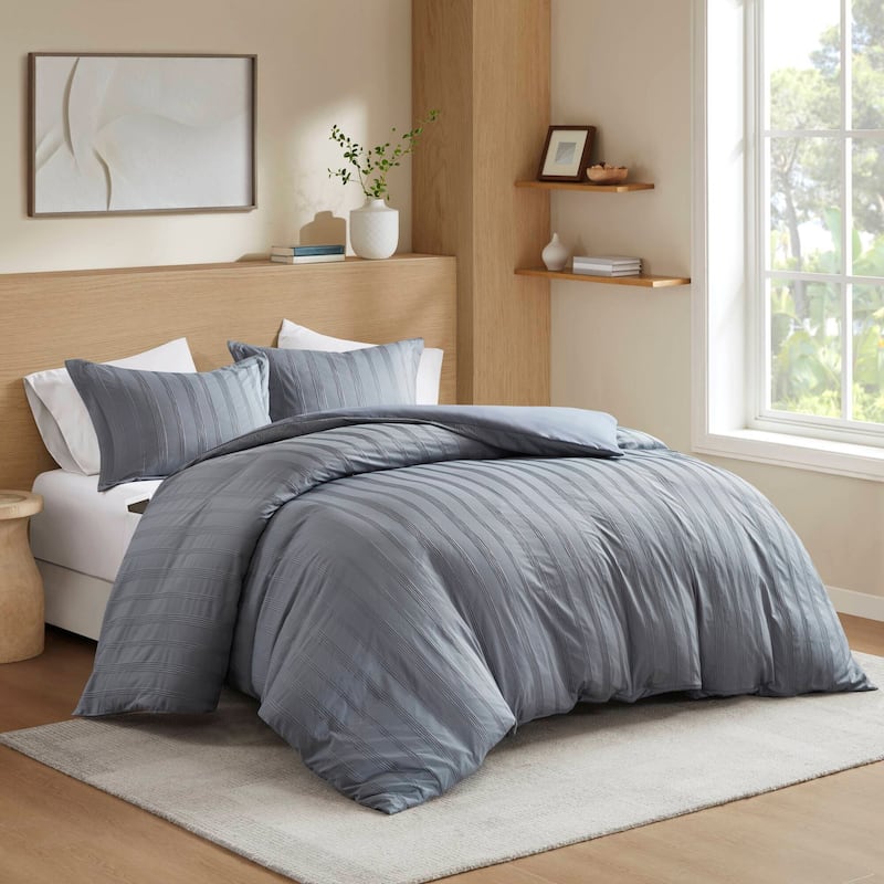 Chelsea Square Logan Woven Striped Duvet Set - Blue/Grey - Queen