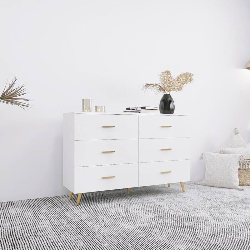 Modern Dresser Chest With 6 Drawers and Golden Handle，High Glossy Surface