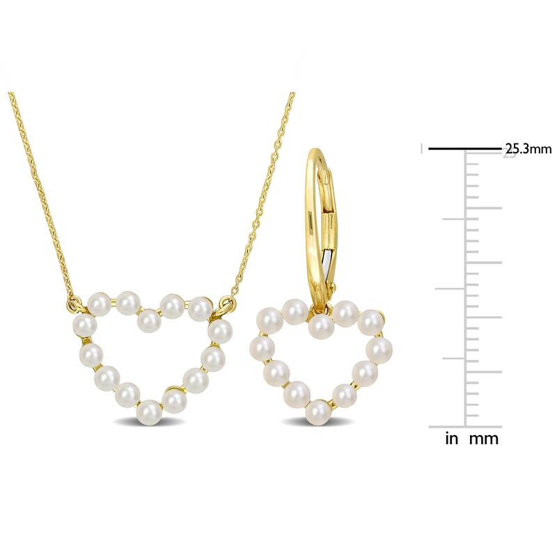 Miadora 2 Piece Set of 2-2.5mm Cultured Freshwater Pearl Heart Earrings Necklace 14K Yellow Gold