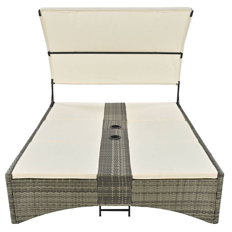 Outdoor Rattan Sun Daybed with Shelter Roof with Adjustable Backrest