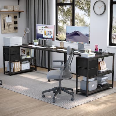 L Shaped Computer Desk with Charging Station Reversible Corner PC Desk with Drawer