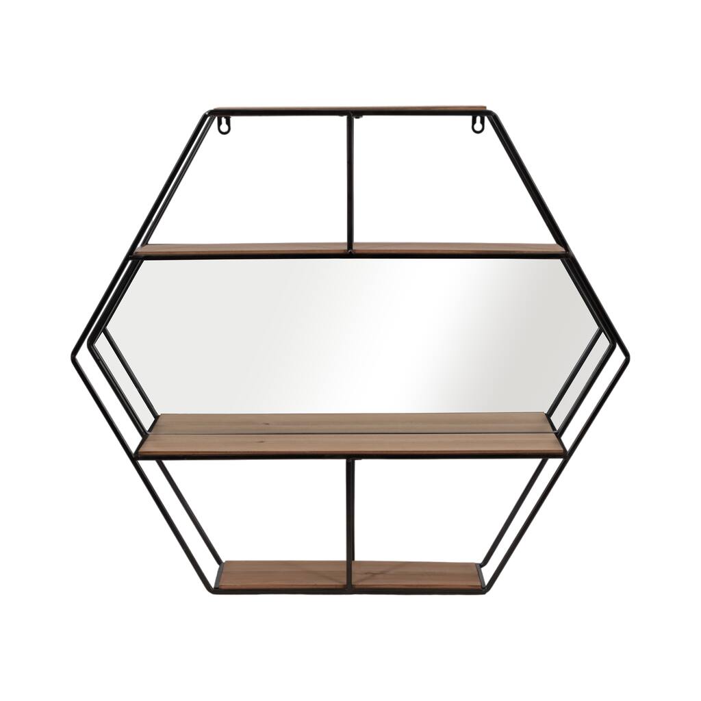 Metal 24" Hexagon Wall Shelf with Mirror, Brown 23.6"H - 26.8" x 5.9" x 23.6" - 27" x 6" x 24"