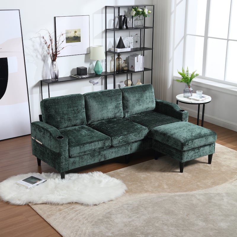 Modular Sectional Sofa with Storage Ottoman, Comfy Chenille Fabric Sofa, 3-Seater Sofa with Side Pockets & 2 Cup Holders