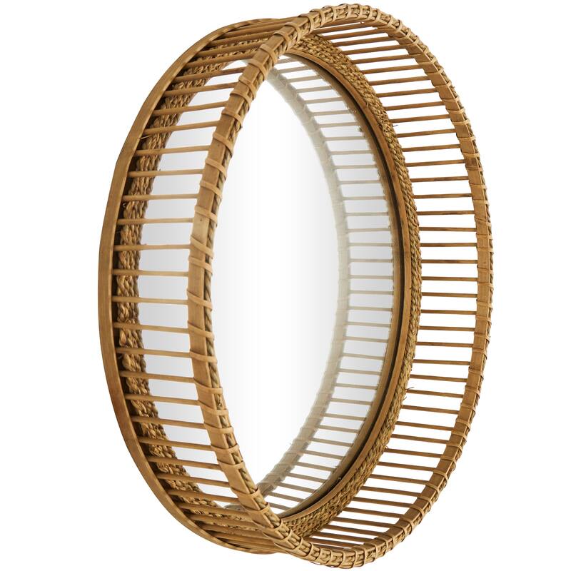 Light Brown Bamboo Wood Handmade Woven Wall Mirror - 21"W, 21"H