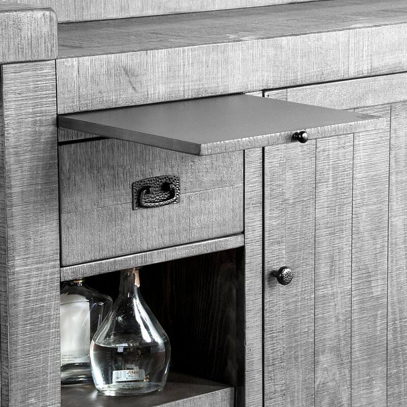Zeka Freestanding Bar Table, Pull Out Tray, 80 Inch Top, Gray Wood