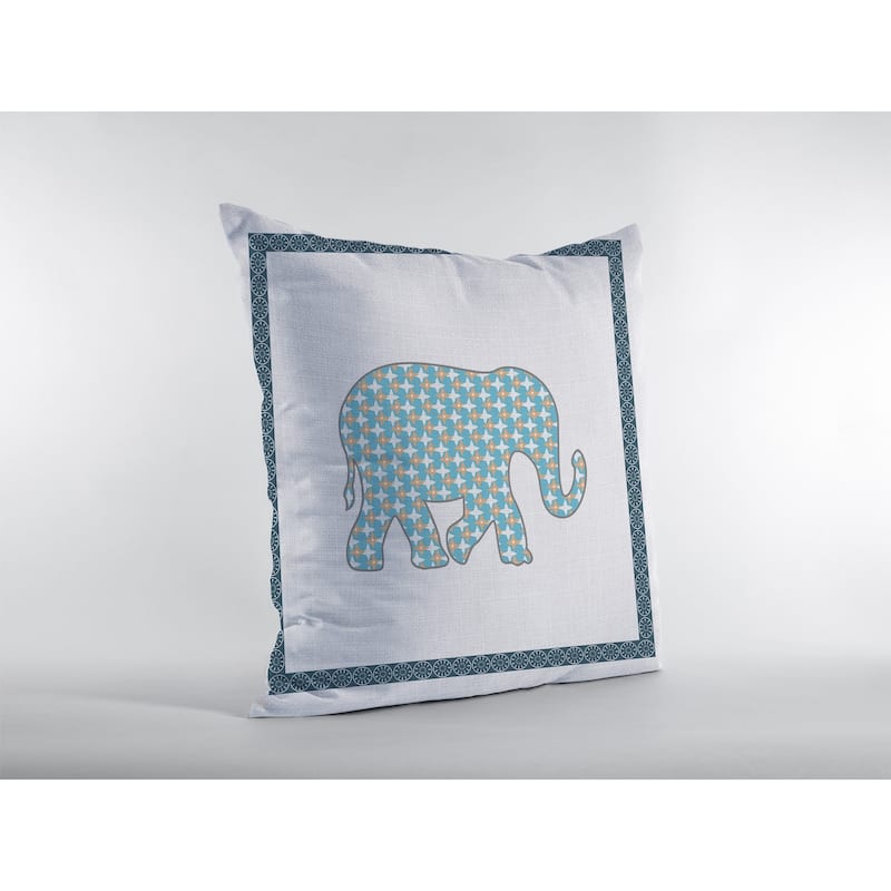 18" Blue White Elephant Zippered Suede Throw Pillow