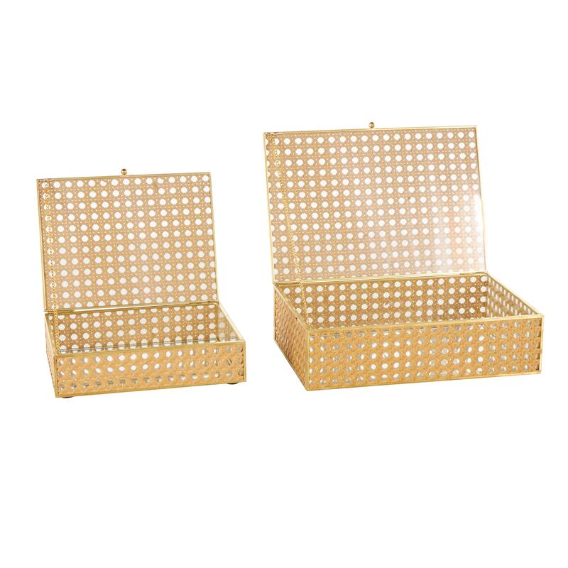 Brown Rattan Woven Decorative Jewelry Box with Glass Panels and Chain Accent (Set of 2)