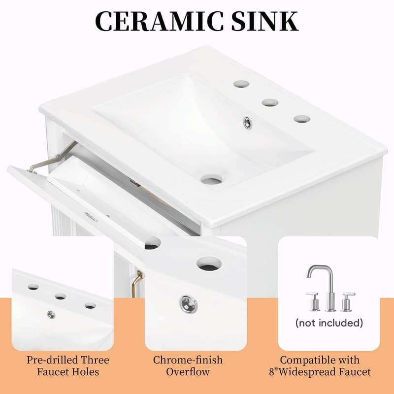 24" Bathroom Vanity with Sink, Freestanding Vanity Cabinet with Flip-Out Drawer, 3 Drawers, Ceramic Top