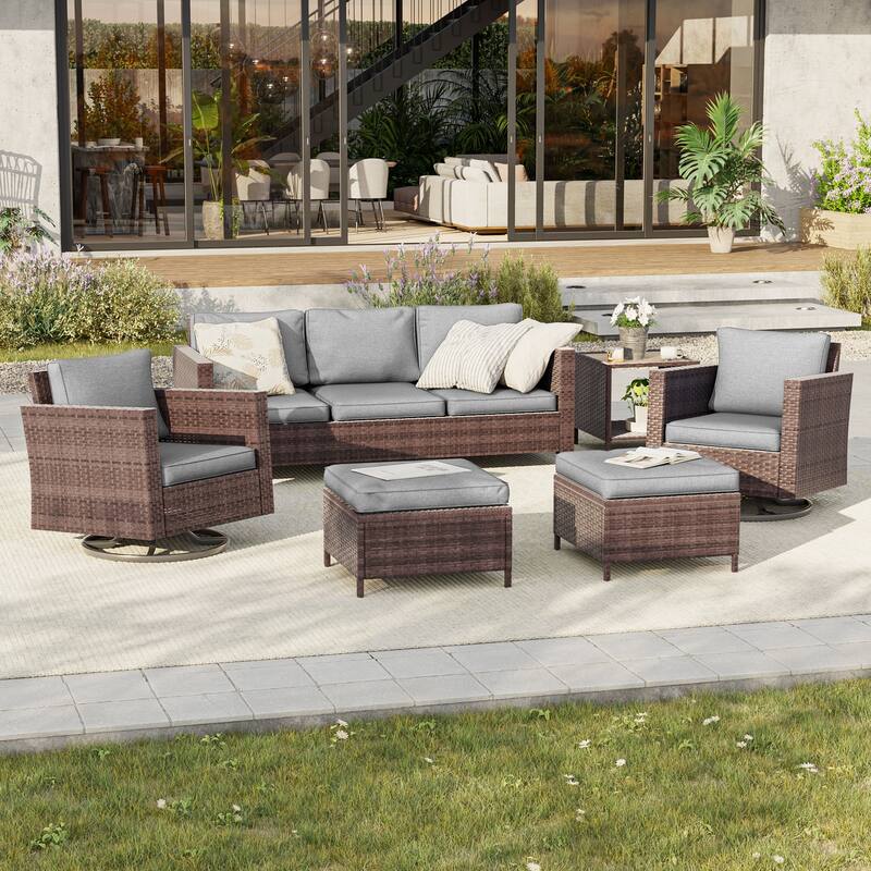 BONOSUKI 6Pcs Patio Swivel Rocking Sofa Set Brown Rattan w/Side Table - Brown/Gray