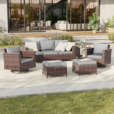 BONOSUKI 6Pcs Patio Swivel Rocking Sofa Set Brown Rattan w/Side Table