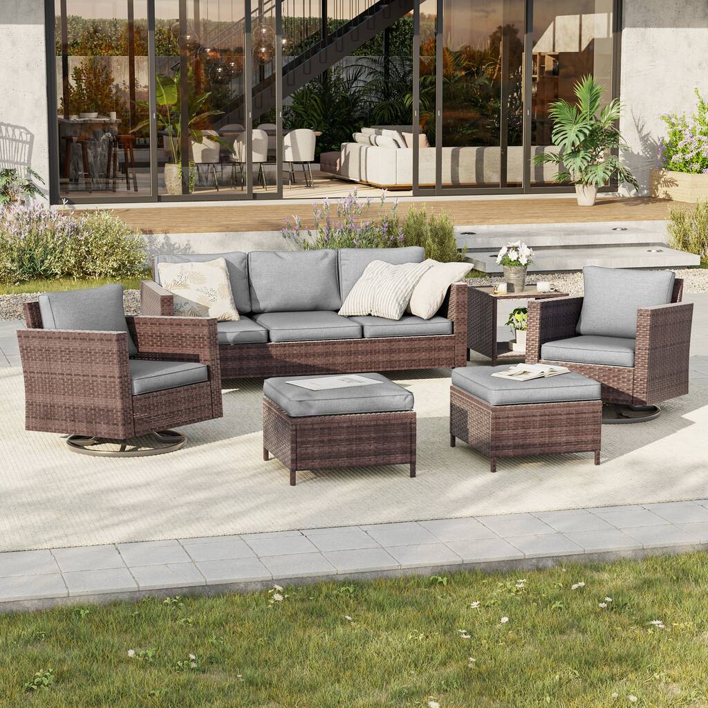 BONOSUKI 6Pcs Patio Swivel Rocking Sofa Set Brown Rattan w/Side Table