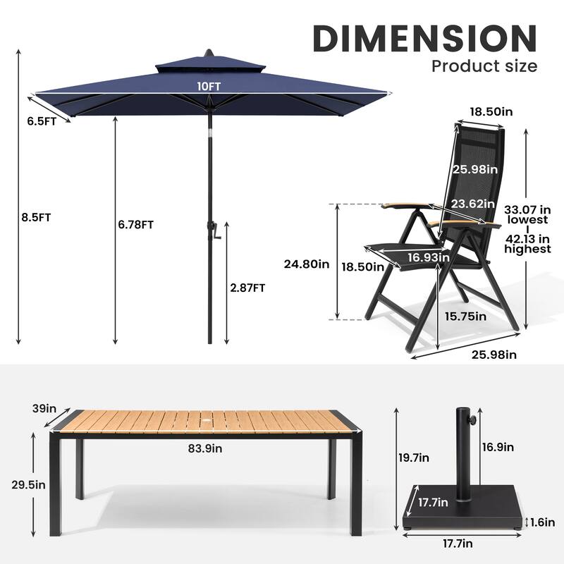 9/11-Piece Outdoor Patio Dining Set Aluminum Dining Table and Chairs w/10 ft Market Umbrella and Base