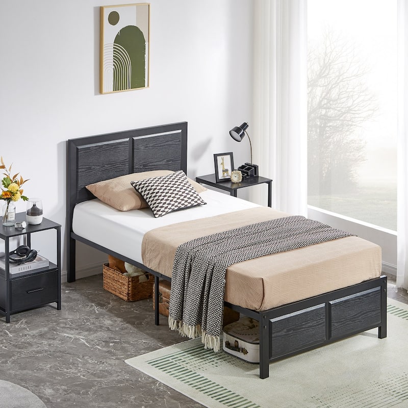 Bedroom Set of 3 Wood Headboard Platform Bed Frame Set of 2 Nightstands with Charging Station USB Port