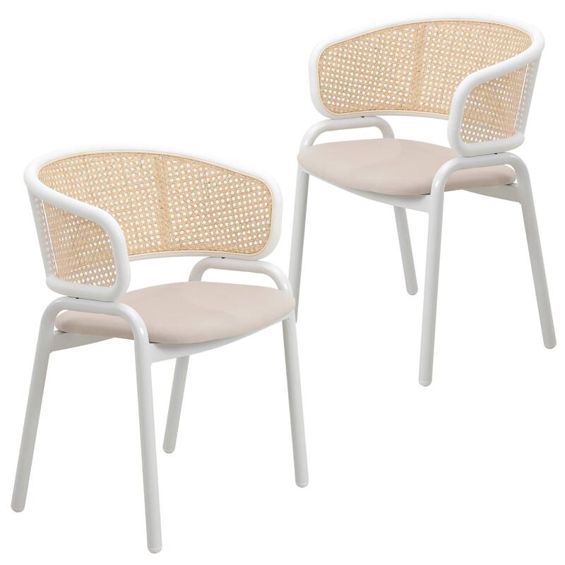 Ervilla Modern Stylish Side Chair with Rattan Back and White Steel Legs for Dining Room & Kitchen, Set of 2 - Beige