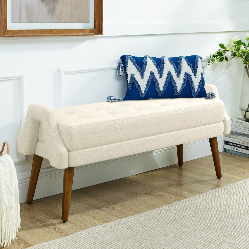 Roomfitters Modern Upholstered Bench with Looped Yarn Fabric, Geometric Armrests and Rubber Wood Legs for Bedroom or Entryway