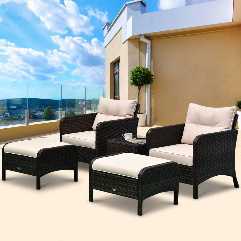 Outsunny 5-piece Wicker Patio Chairs, Ottomans, and Coffee Table Set - Brown