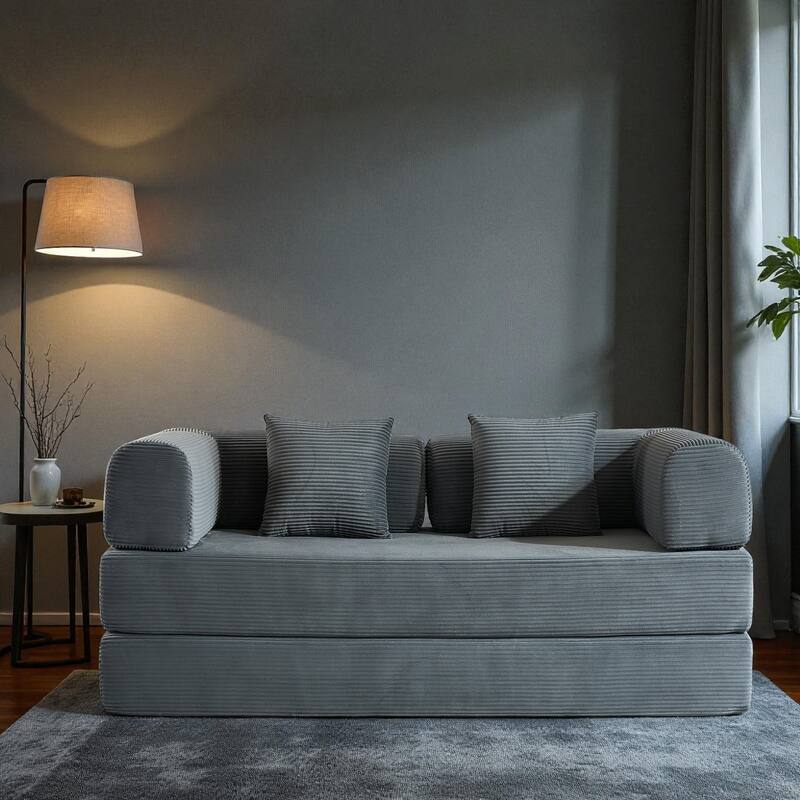 Convertible Corduroy Sleeper Sofa Bed, 4-in-1 Folding Mattress Couch with Cylindrical Pillow & Fixed-Shape Frame, No-Assembly - Grey