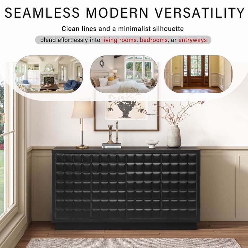 Modern 4-Door Storage Cabinet with Geometric Design and Adjustable Shelves for Home Organization