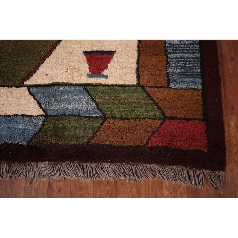 Green Geometric Gabbeh Persian Area Rug Hand-Knotted Wool Carpet - 6'5"x 10'2"