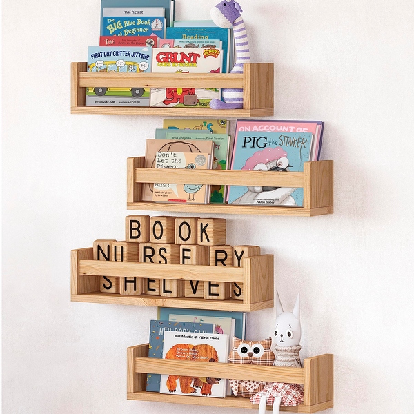 Green scenic Set of 4 Natural Wood Floating Nursery Book Shelves 16.4 Floating Bookshelves Wall Book Shelf for Kids Rooms Decor Brown